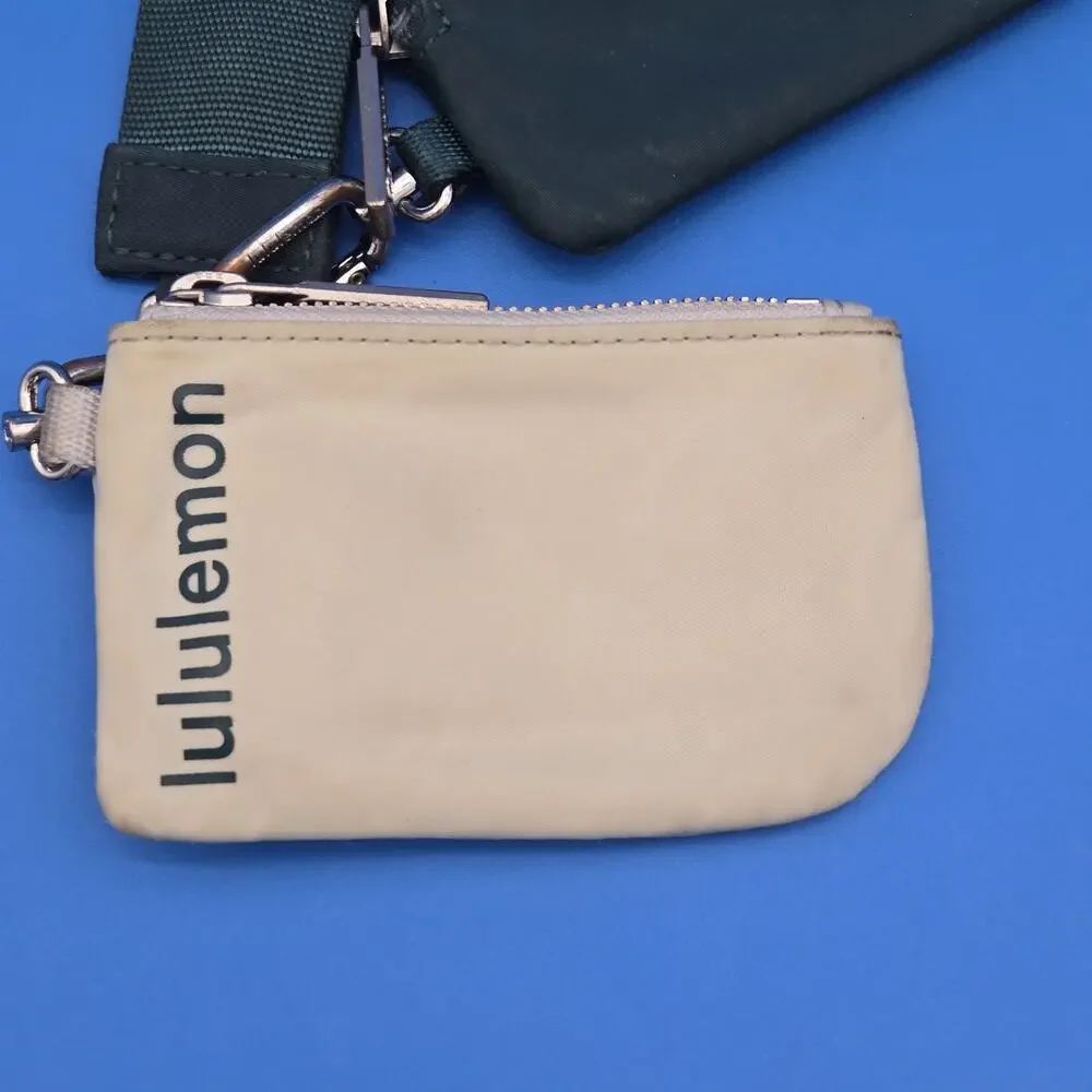 Lululemon Dual Pouch Wristlet Green Beige Gold Hardware Keychain Wallet